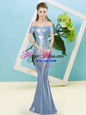 Suitable Sequins Dress for Prom Baby Blue Zipper Short Sleeves Floor Length