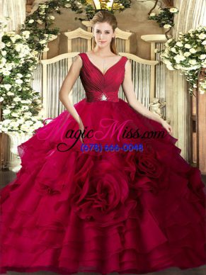 Sleeveless Floor Length Beading and Ruching Backless Sweet 16 Dresses with Coral Red