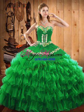 Graceful Green Sweetheart Neckline Embroidery and Ruffled Layers 15 Quinceanera Dress Sleeveless Lace Up