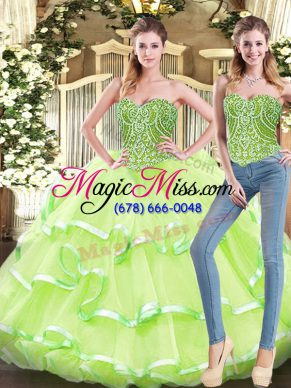 Sleeveless Floor Length Beading and Ruffled Layers Lace Up 15 Quinceanera Dress with Yellow Green