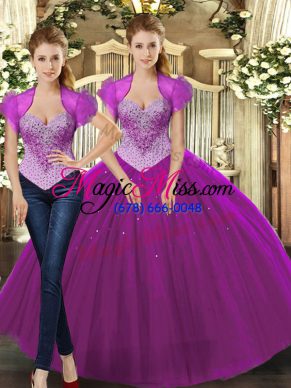 Luxury Fuchsia Sleeveless Floor Length Beading Lace Up Quinceanera Dresses