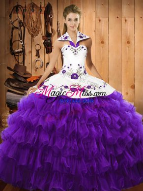 Elegant Floor Length Lace Up 15 Quinceanera Dress Purple for Military Ball and Sweet 16 and Quinceanera with Embroidery and Ruffled Layers