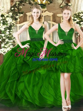 Eye-catching Sleeveless Tulle Floor Length Lace Up Vestidos de Quinceanera in Dark Green with Beading and Ruffles