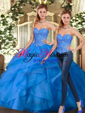 Fantastic Sweetheart Sleeveless Quinceanera Dresses Floor Length Beading and Ruffles Blue Organza