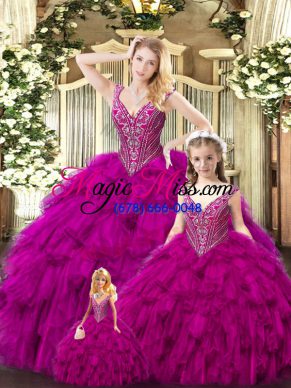 Colorful Tulle Straps Sleeveless Lace Up Beading and Ruffles 15 Quinceanera Dress in Red