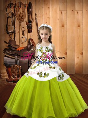 Perfect Organza Straps Sleeveless Lace Up Embroidery High School Pageant Dress in Yellow Green
