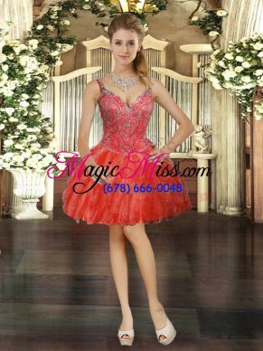 Charming Red Sleeveless Mini Length Beading and Ruffles Lace Up Dress for Prom