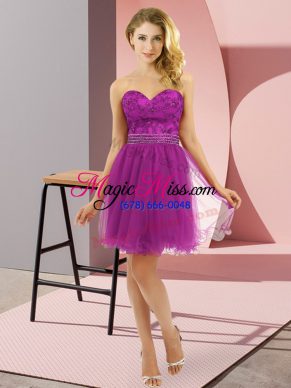 Hot Sale Sweetheart Sleeveless Prom Party Dress Mini Length Beading Eggplant Purple Tulle