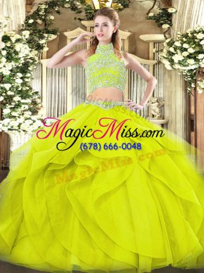 Custom Design Yellow Green Sweet 16 Dresses Military Ball and Sweet 16 and Quinceanera with Beading and Ruffles High-neck Sleeveless Backless