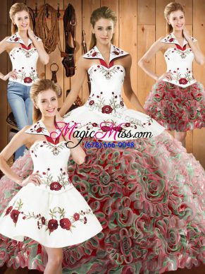 Luxurious Multi-color Ball Gowns Halter Top Sleeveless Fabric With Rolling Flowers Sweep Train Lace Up Embroidery 15 Quinceanera Dress