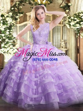 Romantic Lavender Ball Gowns Lace and Ruffled Layers Vestidos de Quinceanera Backless Organza Sleeveless Floor Length