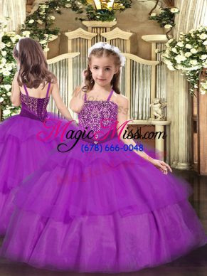 Fashionable Straps Sleeveless Lace Up Little Girls Pageant Dress Wholesale Purple Organza