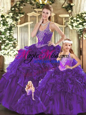 Fitting Floor Length Purple 15th Birthday Dress Organza Sleeveless Beading and Ruffles