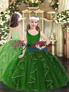 Adorable Dark Green Zipper Little Girls Pageant Gowns Beading and Ruffles Sleeveless Floor Length