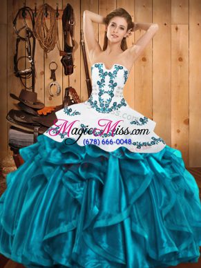 High Quality Teal Satin and Organza Lace Up Sweet 16 Quinceanera Dress Sleeveless Floor Length Embroidery and Ruffles