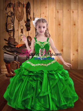 New Style Straps Sleeveless Lace Up Pageant Gowns For Girls Green Organza