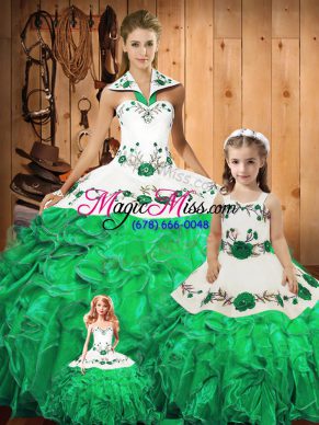 Colorful Green Tulle Lace Up Halter Top Sleeveless Floor Length Vestidos de Quinceanera Embroidery and Ruffles and Bowknot