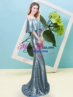 Best Floor Length Light Blue Prom Gown Sequined Half Sleeves Sequins
