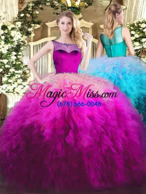 Fuchsia Quinceanera Gown Sweet 16 and Quinceanera with Beading and Ruffles Scoop Sleeveless Zipper