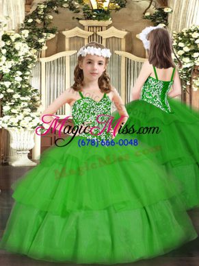 Lovely Beading and Ruffled Layers Pageant Dress for Teens Green Lace Up Sleeveless Floor Length