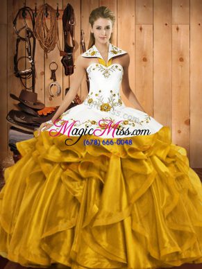 Floor Length Gold Sweet 16 Dress Halter Top Sleeveless Lace Up