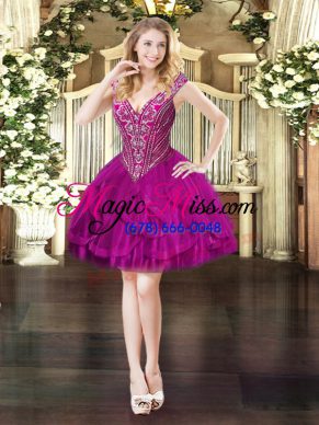 Fitting Fuchsia Ball Gowns V-neck Sleeveless Tulle Mini Length Lace Up Beading and Ruffles Homecoming Dress