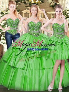 Green Sleeveless Floor Length Beading and Ruffled Layers Lace Up Sweet 16 Dresses