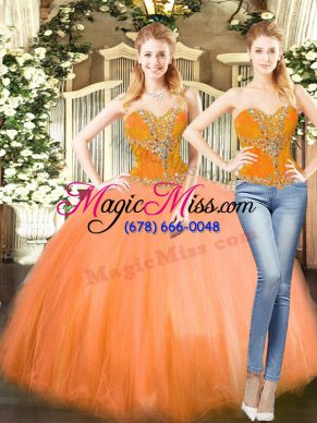 Exceptional Floor Length Lace Up Sweet 16 Quinceanera Dress Orange Red for Military Ball and Sweet 16 and Quinceanera with Beading