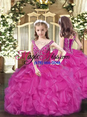 Custom Design Ball Gowns Pageant Dress for Teens Fuchsia V-neck Organza Sleeveless Floor Length Lace Up