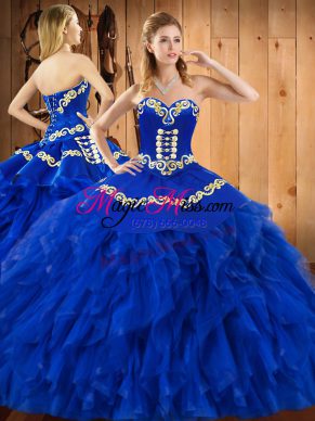 Smart Sweetheart Sleeveless Lace Up Quince Ball Gowns Blue Satin and Organza
