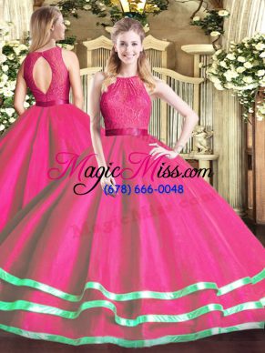 Scoop Sleeveless Sweet 16 Dress Floor Length Lace Hot Pink Tulle
