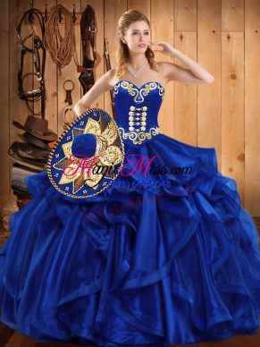 Royal Blue Sweetheart Neckline Embroidery and Ruffles 15th Birthday Dress Sleeveless Lace Up