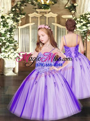 Lavender Tulle Lace Up Spaghetti Straps Sleeveless Floor Length Pageant Dress Womens Appliques