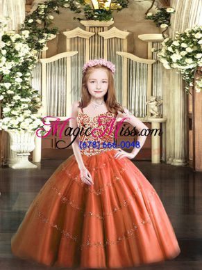 Customized Straps Sleeveless Lace Up Glitz Pageant Dress Rust Red Tulle