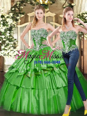 Tulle Strapless Sleeveless Lace Up Beading and Ruffled Layers 15 Quinceanera Dress in Green