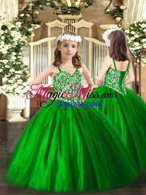 Straps Sleeveless Little Girls Pageant Dress Floor Length Beading Green Tulle