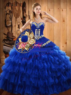 Trendy Blue Sleeveless Tulle Lace Up Sweet 16 Quinceanera Dress for Military Ball and Sweet 16 and Quinceanera