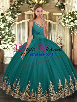 Sexy Turquoise Ball Gowns Tulle V-neck Sleeveless Appliques Floor Length Backless Sweet 16 Dress