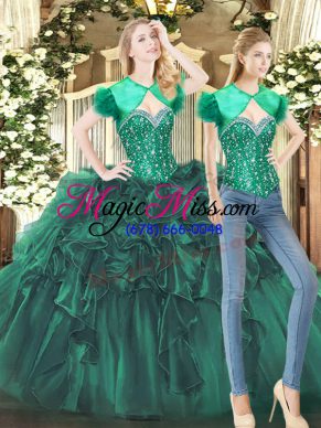 Extravagant Dark Green Ball Gowns Tulle Sweetheart Sleeveless Beading and Ruffles Floor Length Lace Up Quinceanera Gowns