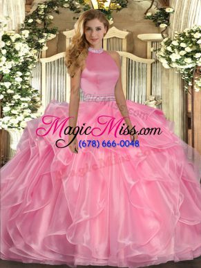 Excellent Sleeveless Floor Length Beading and Ruffles Backless 15th Birthday Dress with Watermelon Red
