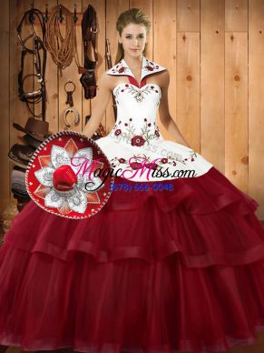 Comfortable Sweep Train Ball Gowns Quinceanera Gown Wine Red Halter Top Satin and Organza Sleeveless With Train Lace Up
