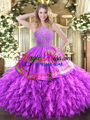 Lilac Tulle Zipper Halter Top Sleeveless Floor Length Vestidos de Quinceanera Beading and Ruffles and Sequins