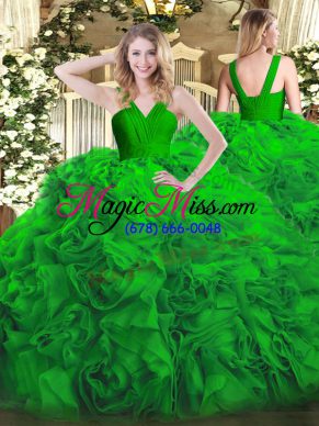 Unique Green Sleeveless Ruffles Floor Length Quince Ball Gowns