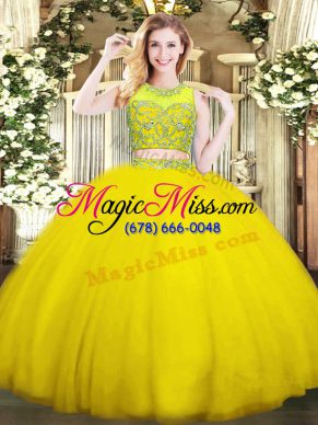 Tulle Scoop Sleeveless Zipper Beading Sweet 16 Dress in Yellow Green