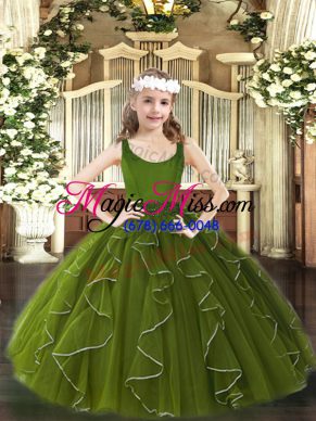 Exquisite Floor Length Olive Green Pageant Dress Scoop Sleeveless Zipper