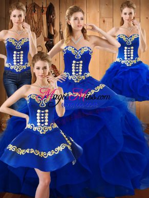 Custom Made Blue Sleeveless Floor Length Embroidery and Ruffles Lace Up Quinceanera Dresses