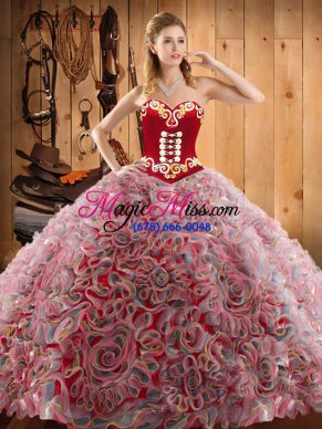 Multi-color Satin and Fabric With Rolling Flowers Lace Up Sweet 16 Dresses Sleeveless With Train Sweep Train Embroidery