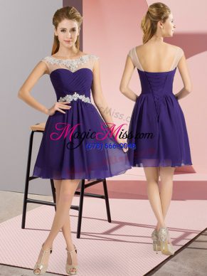 Purple Chiffon Lace Up Scoop Cap Sleeves Mini Length Evening Dress Beading