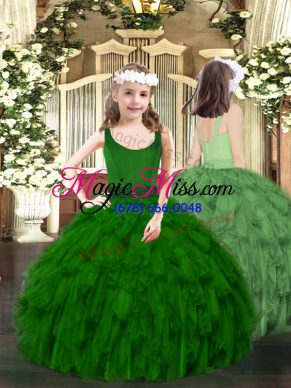 Elegant Dark Green Organza Zipper Pageant Dress Sleeveless Floor Length Beading and Ruffles