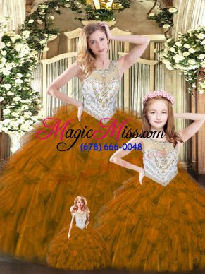 Glorious Brown Ball Gowns Beading and Ruffles Quinceanera Dresses Lace Up Tulle Sleeveless Floor Length